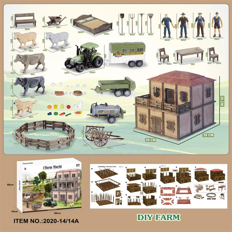 KTX-645203 DIY Farm House Animal Action Figure Play Set with Tractors and Farm Truck