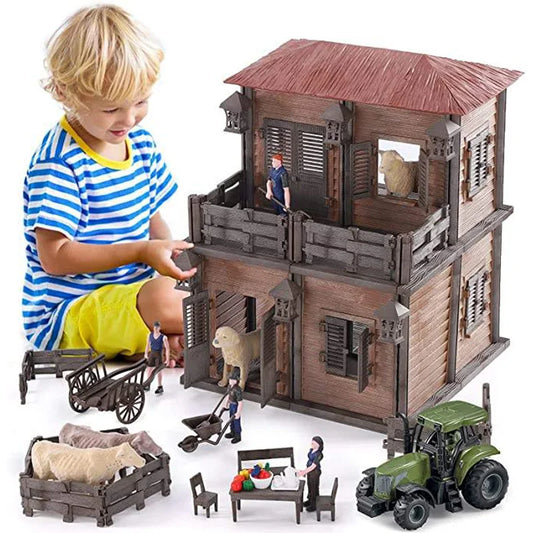 KTX-645203 DIY Farm House Animal Action Figure Play Set with Tractors and Farm Truck