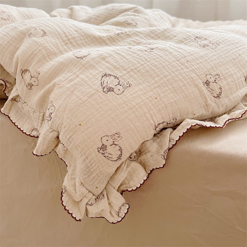 KTX-646099 Cotton Gauze Double-Layer Rabbit Quilt Cover Set with Pillowcases for Kids and Cribs