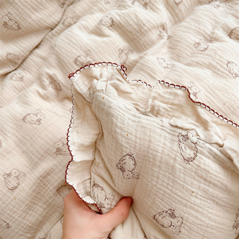 KTX-646099 Cotton Gauze Double-Layer Rabbit Quilt Cover Set with Pillowcases for Kids and Cribs