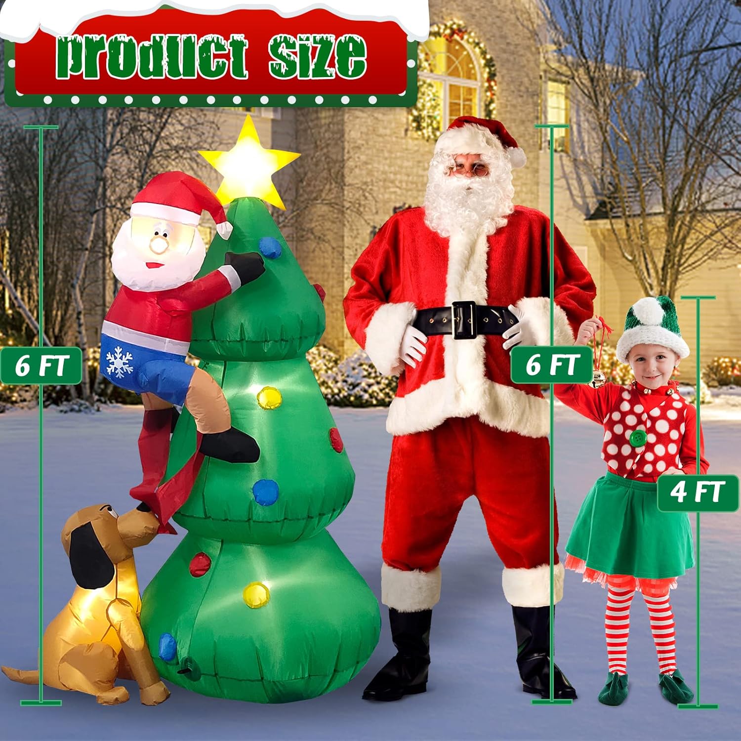 KTX-647443 6 FT Inflatable Christmas Tree with Santa and Dog – LED Lights for Outdoor Holiday Decor