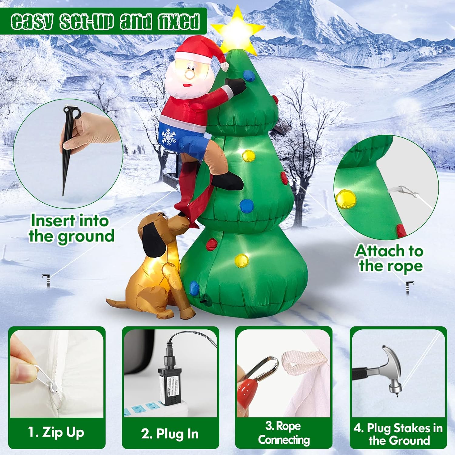 KTX-647443 6 FT Inflatable Christmas Tree with Santa and Dog – LED Lights for Outdoor Holiday Decor