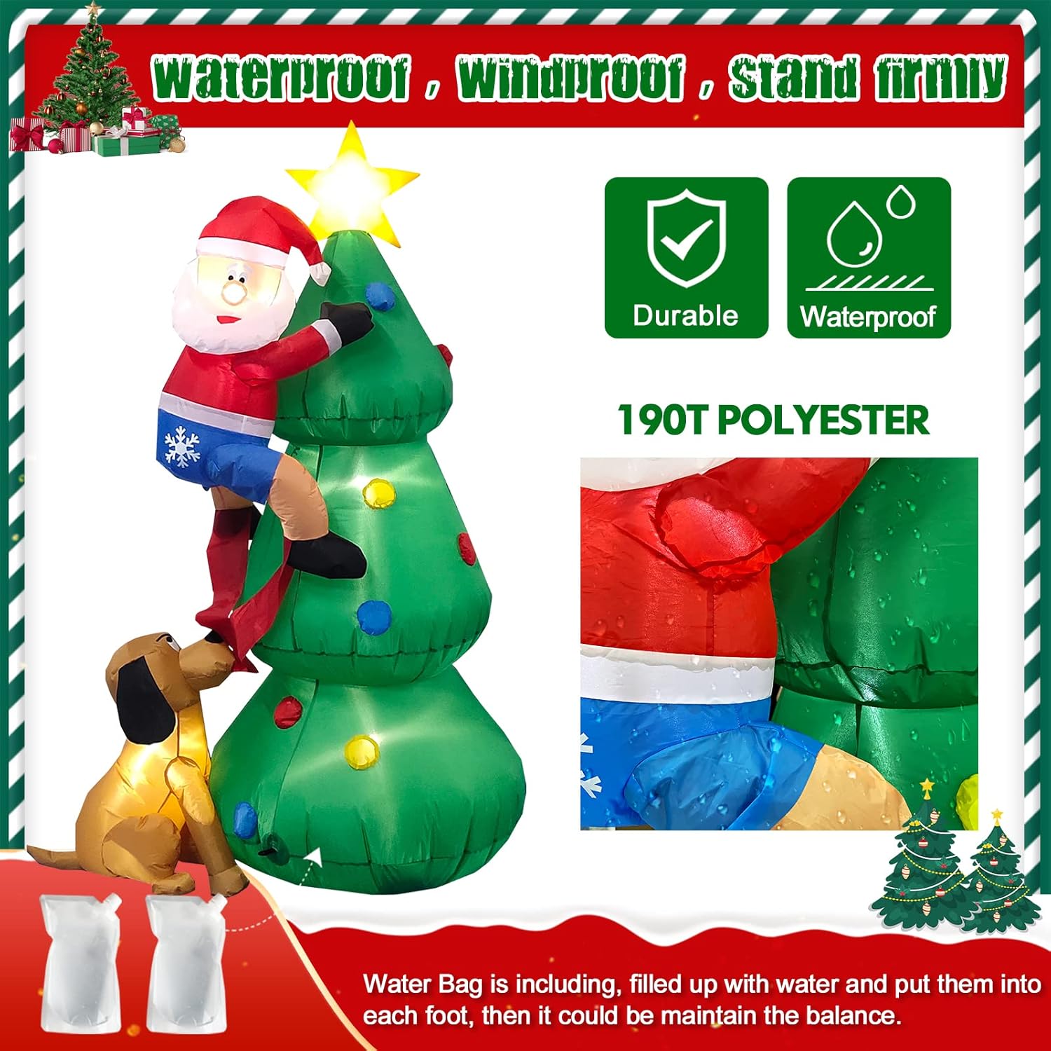KTX-647443 6 FT Inflatable Christmas Tree with Santa and Dog – LED Lights for Outdoor Holiday Decor