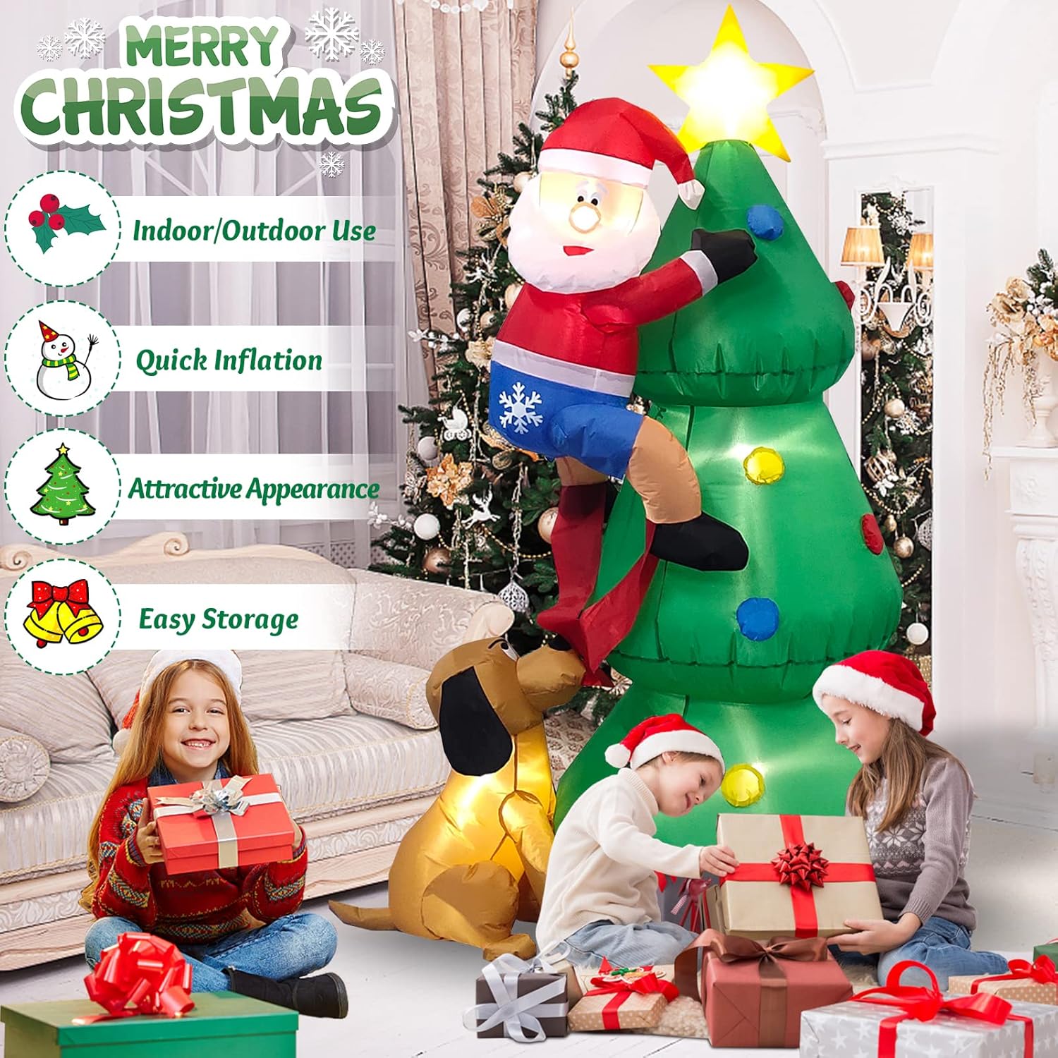 KTX-647443 6 FT Inflatable Christmas Tree with Santa and Dog – LED Lights for Outdoor Holiday Decor
