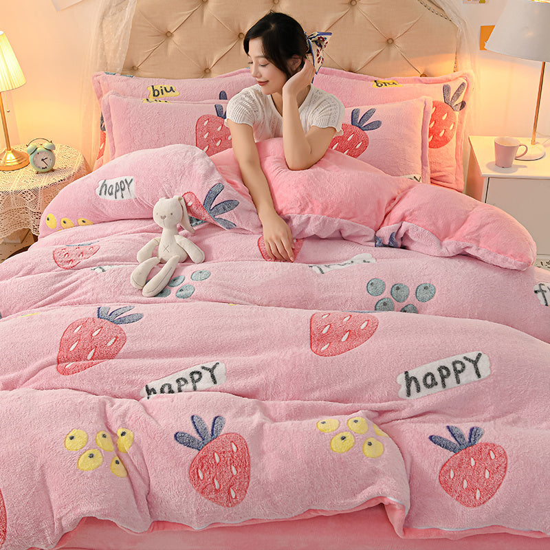 KTX-647571 Coral Velvet Double-Sided Bedding Set with Cartoon Patterns, 4-Piece Collection for Various Bed Sizes