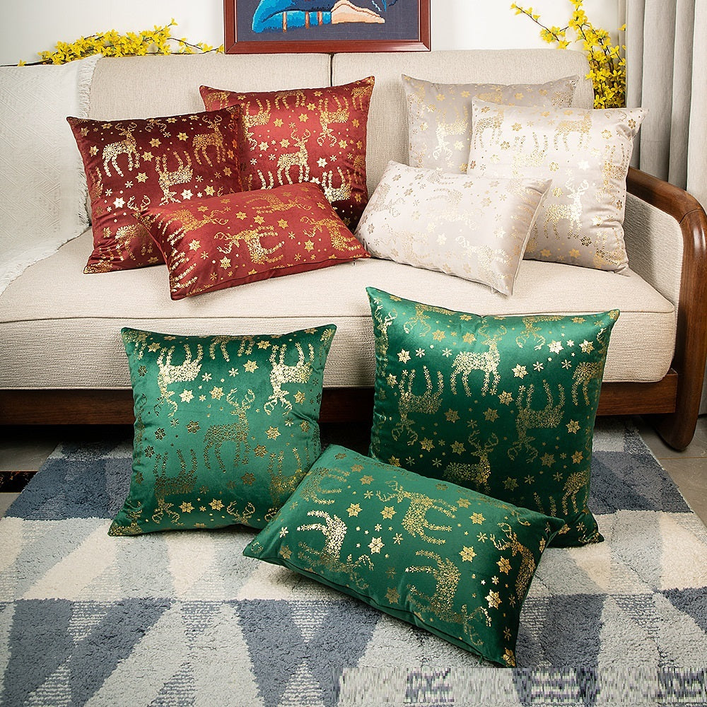 KTX-648211 Velvet Bronzing Christmas Pillow Cover with Plant Flowers and Cute Animals