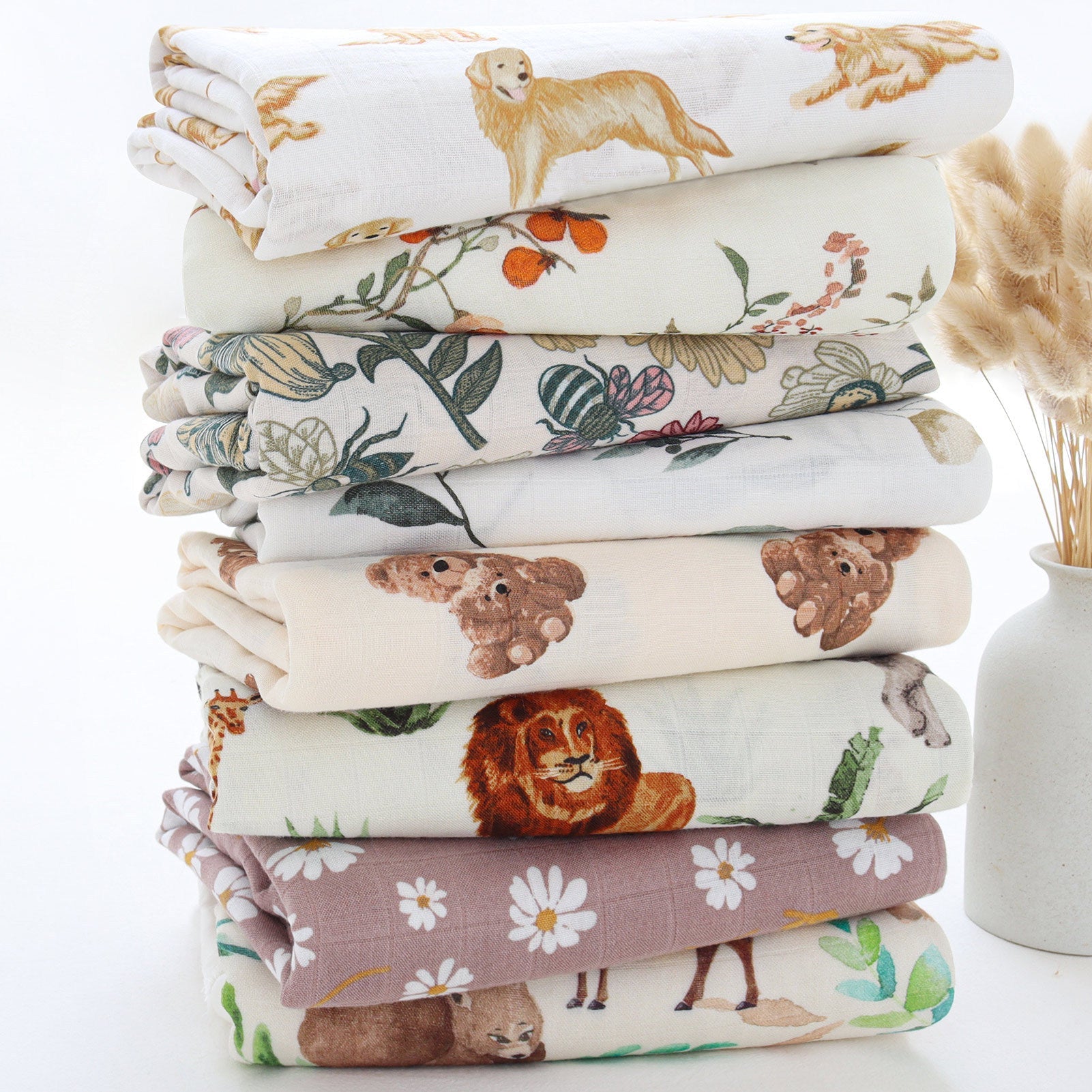 KTX-649235 Bamboo Cotton Gauze Baby Swaddling Blanket - Soft Colors and Fun Animal Patterns for All Seasons