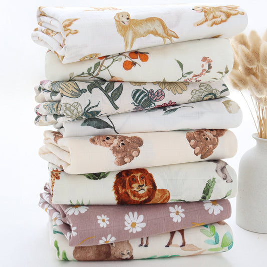 KTX-649235 Bamboo Cotton Gauze Baby Swaddling Blanket - Soft Colors and Fun Animal Patterns for All Seasons