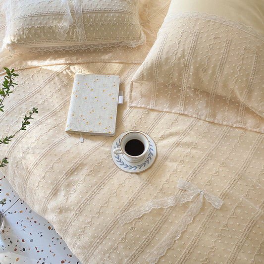 KTX-651667 Soft Cotton Bed Linen Set in Cream Yellow - Four-Piece Korean Style Bedding for Various Bed Sizes