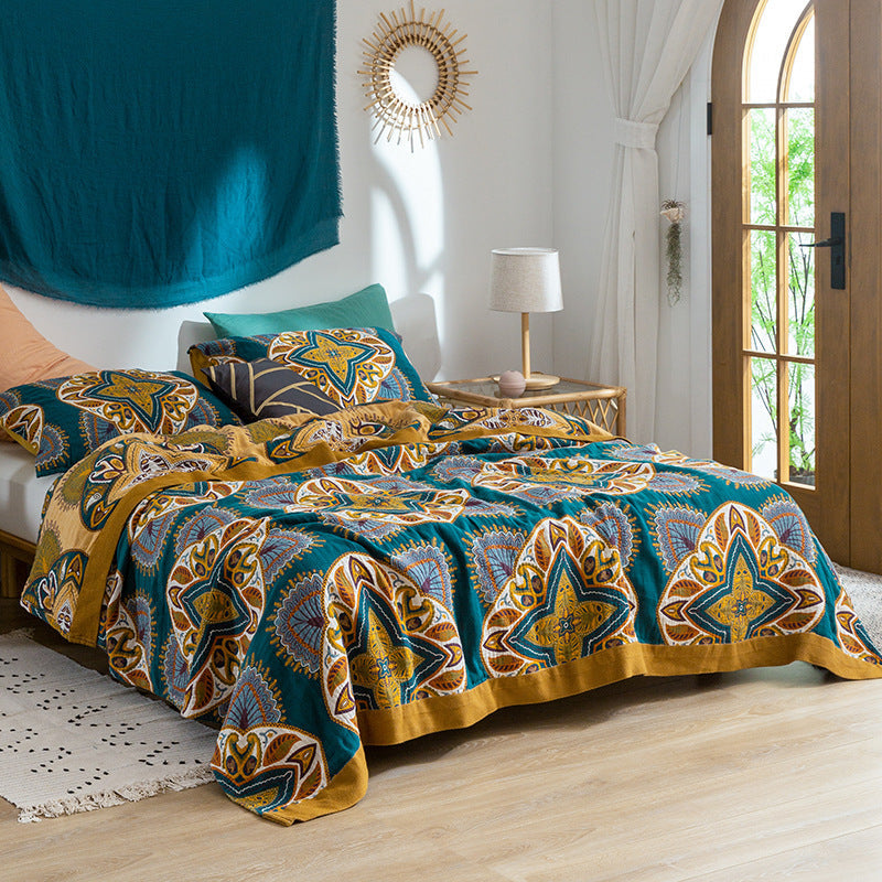 KTX-651859 Five-Layer Cotton Soft Summer Blanket in Bird Screen Yellow and Blue, Floral Design, Various Sizes