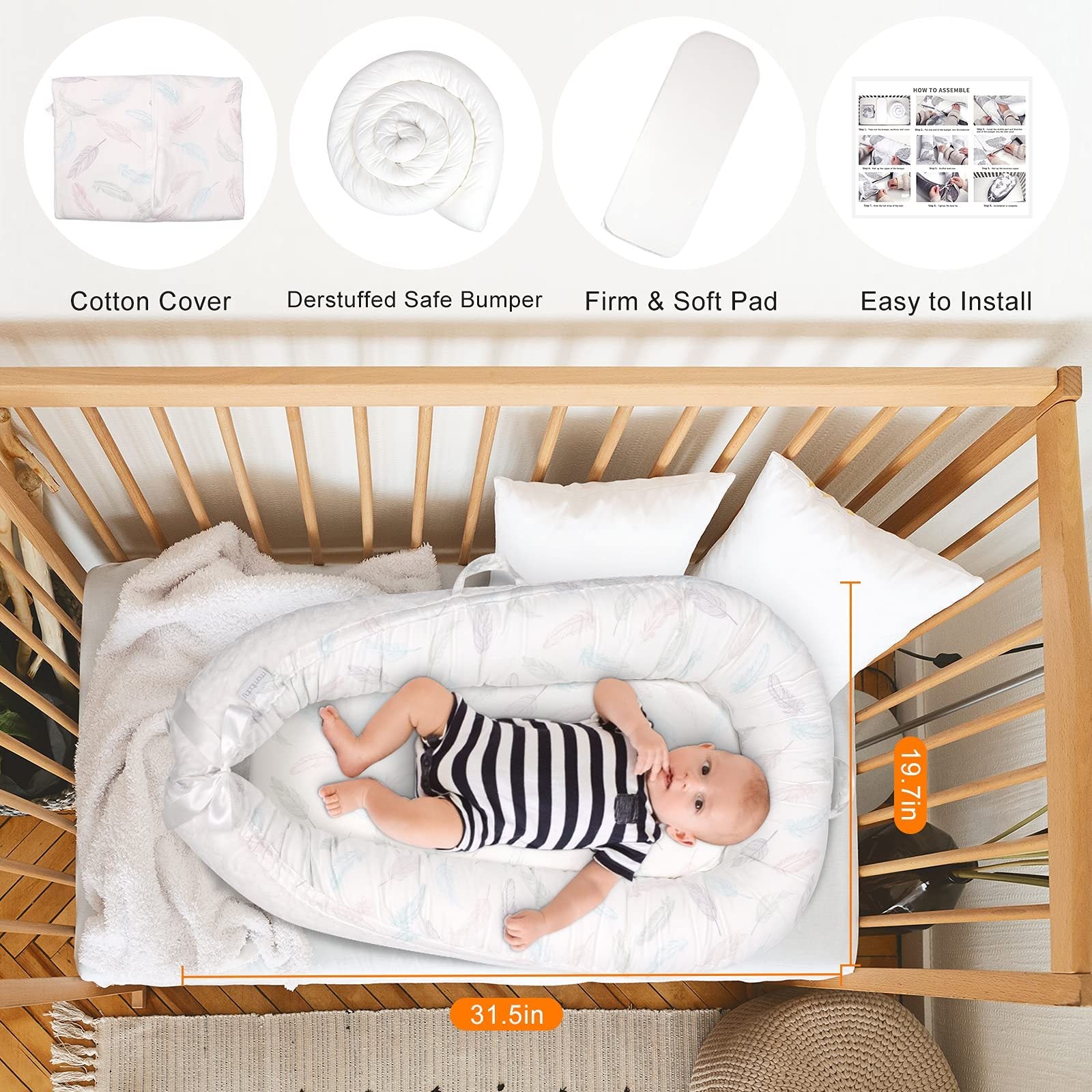 KTX-652691 Portable Washable Crib Middle Bed for Infants, All-Season Cotton Fabric, 80 x 50 cm
