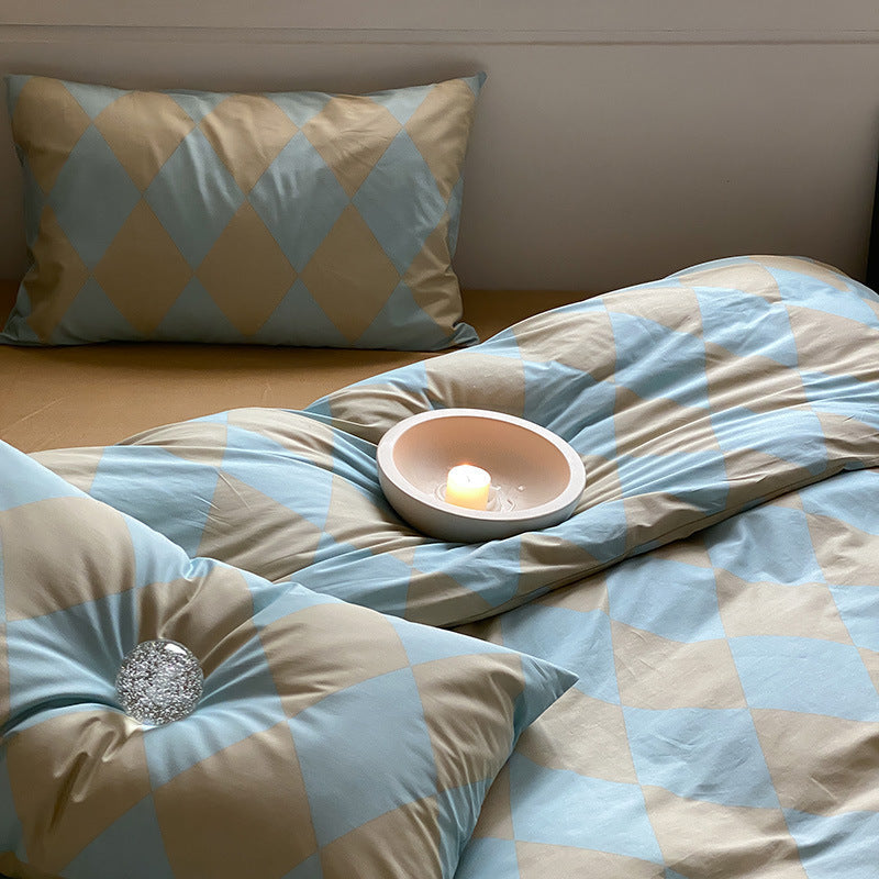 KTX-653331 Four-Piece Bedding Set with Quilt Cover, Bed Sheet, and Pillowcases - Multiple Floral and Checkerboard Designs for 1.5m and 1.8m Beds