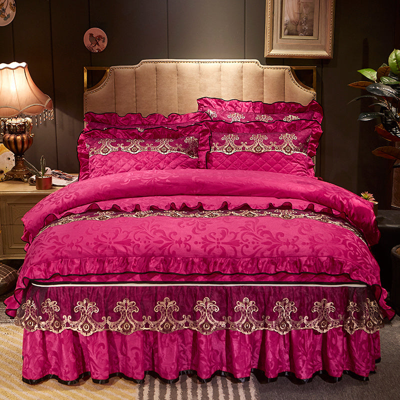 KTX-654931 Quilted Velvet Bed Skirt Set with Duvet Cover and Pillowcases in Multiple Colors