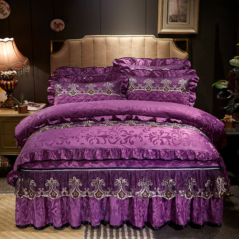 KTX-654931 Quilted Velvet Bed Skirt Set with Duvet Cover and Pillowcases in Multiple Colors
