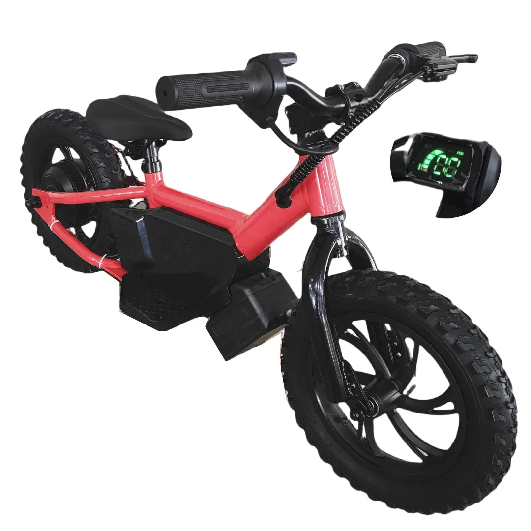 KTX-656723 Electric Balance Bike 16-Inch with 3 Speeds and 250W Motor, Aluminum Frame, Disc Brakes, and Fork Suspension