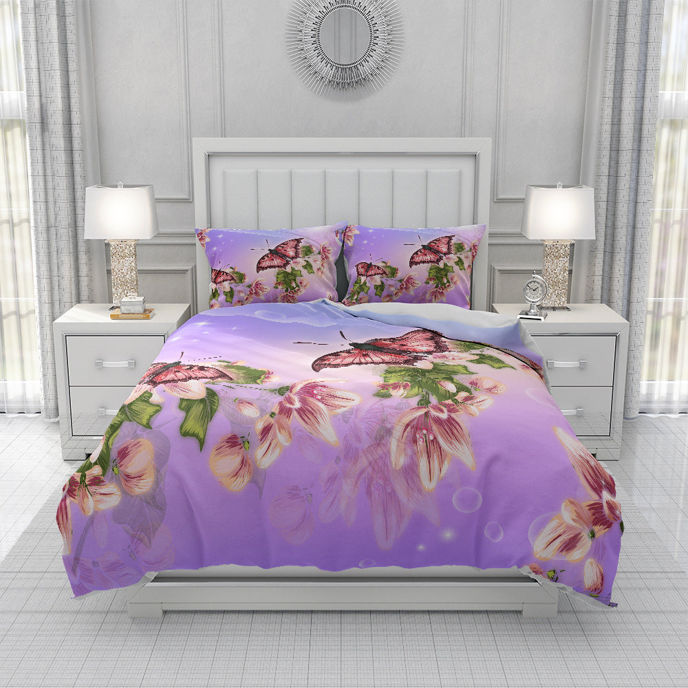 KTX-657619 Spring Blossom Butterfly Series Pure Cotton Three-Piece Bedding Set in Floral Design