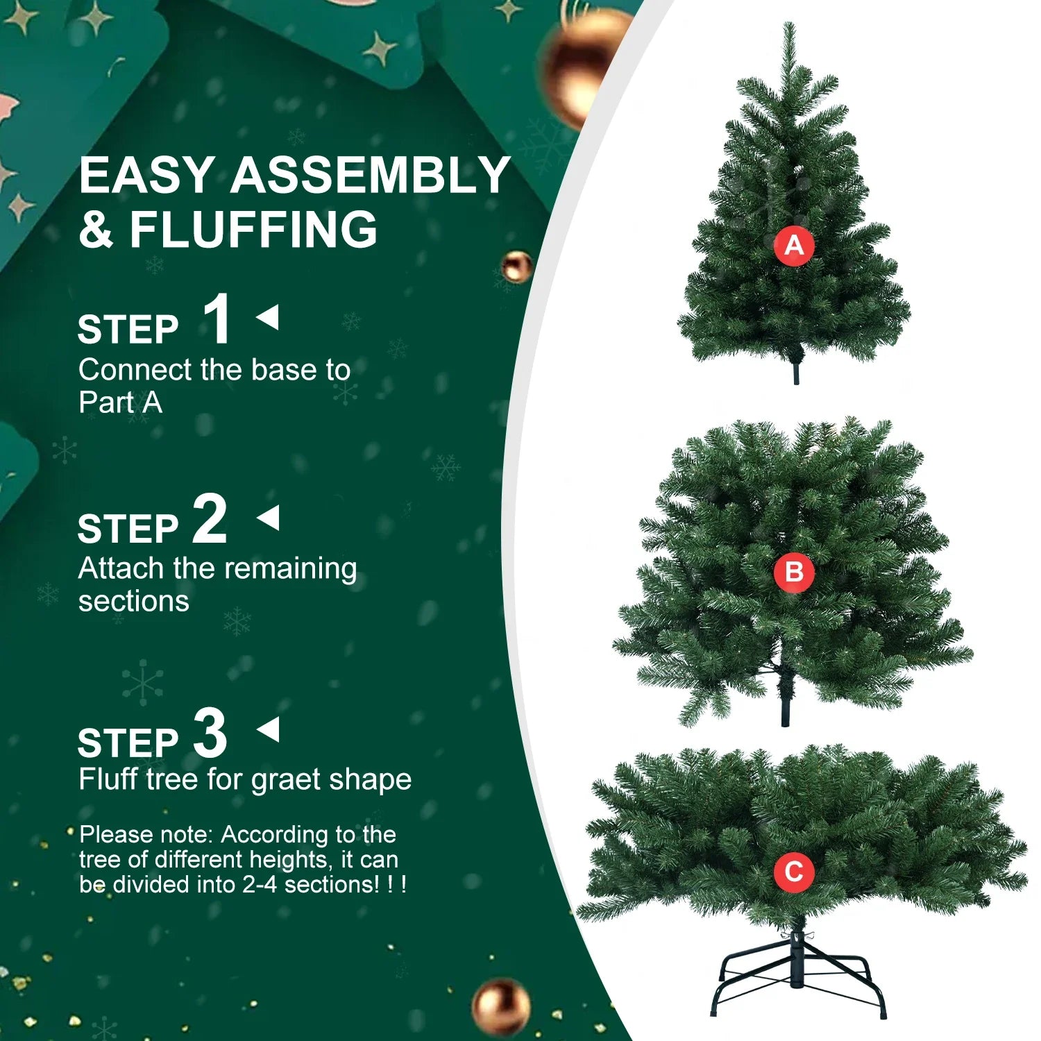KTX-658067 8ft Hinged Green Christmas Tree, PVC Pine Design for Indoor Decoration, 4 Parts Assembly