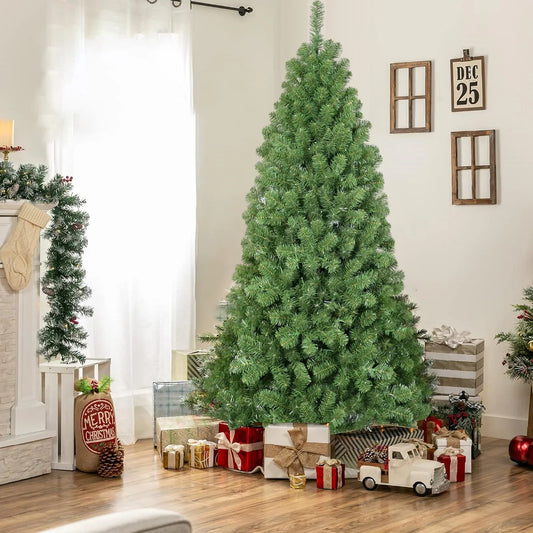 KTX-658067 8ft Hinged Green Christmas Tree, PVC Pine Design for Indoor Decoration, 4 Parts Assembly