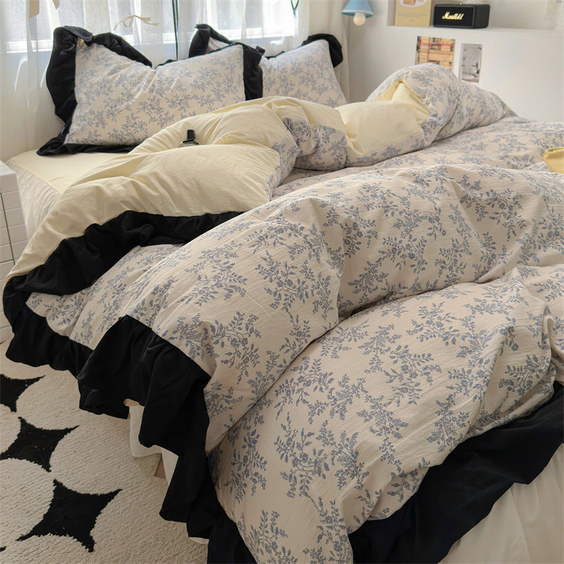 KTX-660563 Korean Style Washed Cotton Four-Piece Lace Bedding Set with Bed Skirt