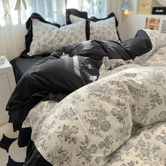 KTX-660563 Korean Style Washed Cotton Four-Piece Lace Bedding Set with Bed Skirt