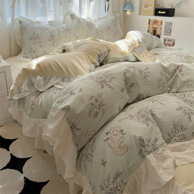 KTX-660563 Korean Style Washed Cotton Four-Piece Lace Bedding Set with Bed Skirt