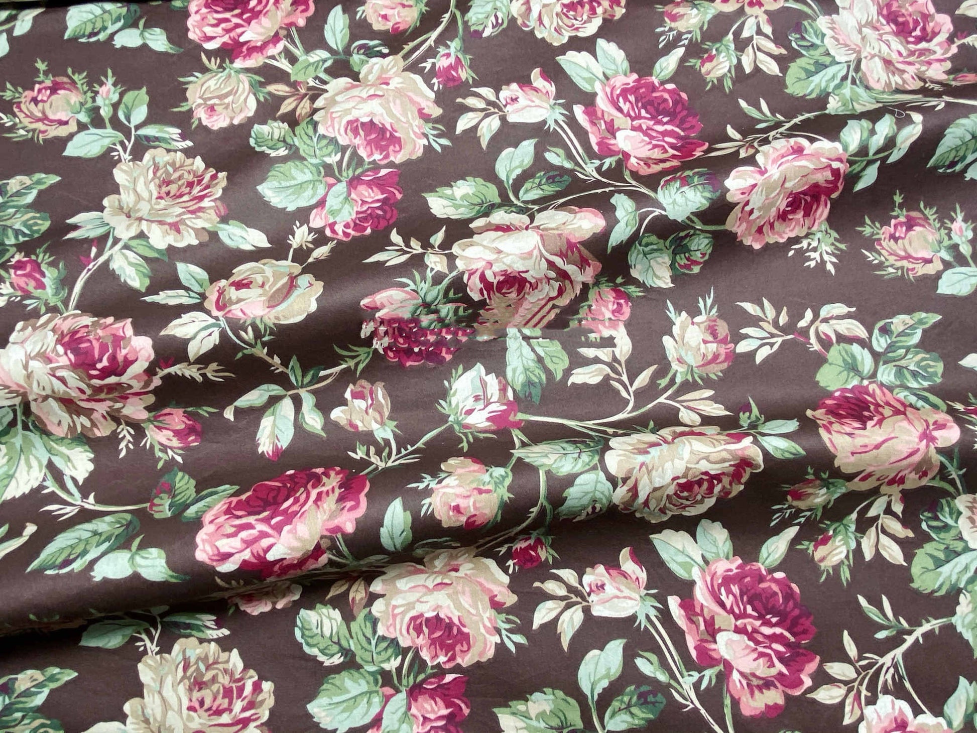 KTX-661715 Rose Flower Cotton Twill Fabric - Plants and Flowers Pattern in Blue and Coffee Variants, 0.5 x 1.6 M