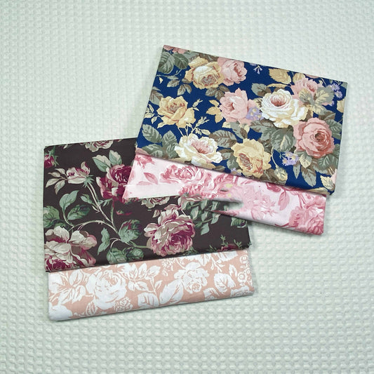 KTX-661715 Rose Flower Cotton Twill Fabric - Plants and Flowers Pattern in Blue and Coffee Variants, 0.5 x 1.6 M
