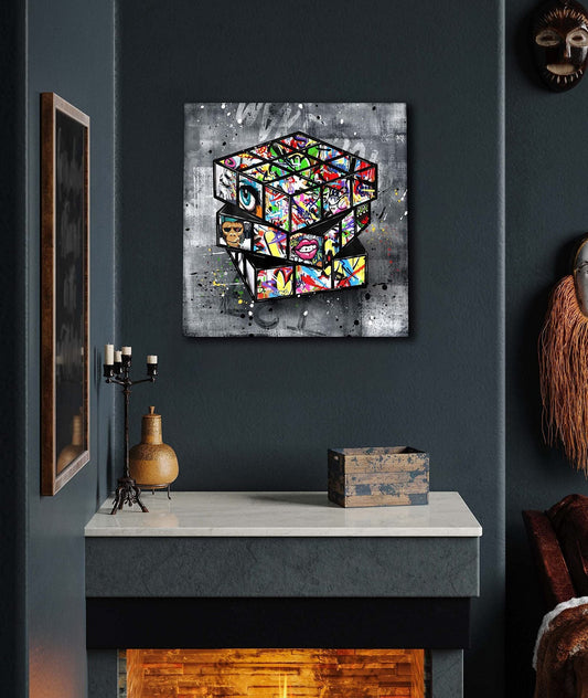 KTX-661843 Banksy-Inspired Graffiti Rubik's Cube Canvas Wall Art, Framed Decoration