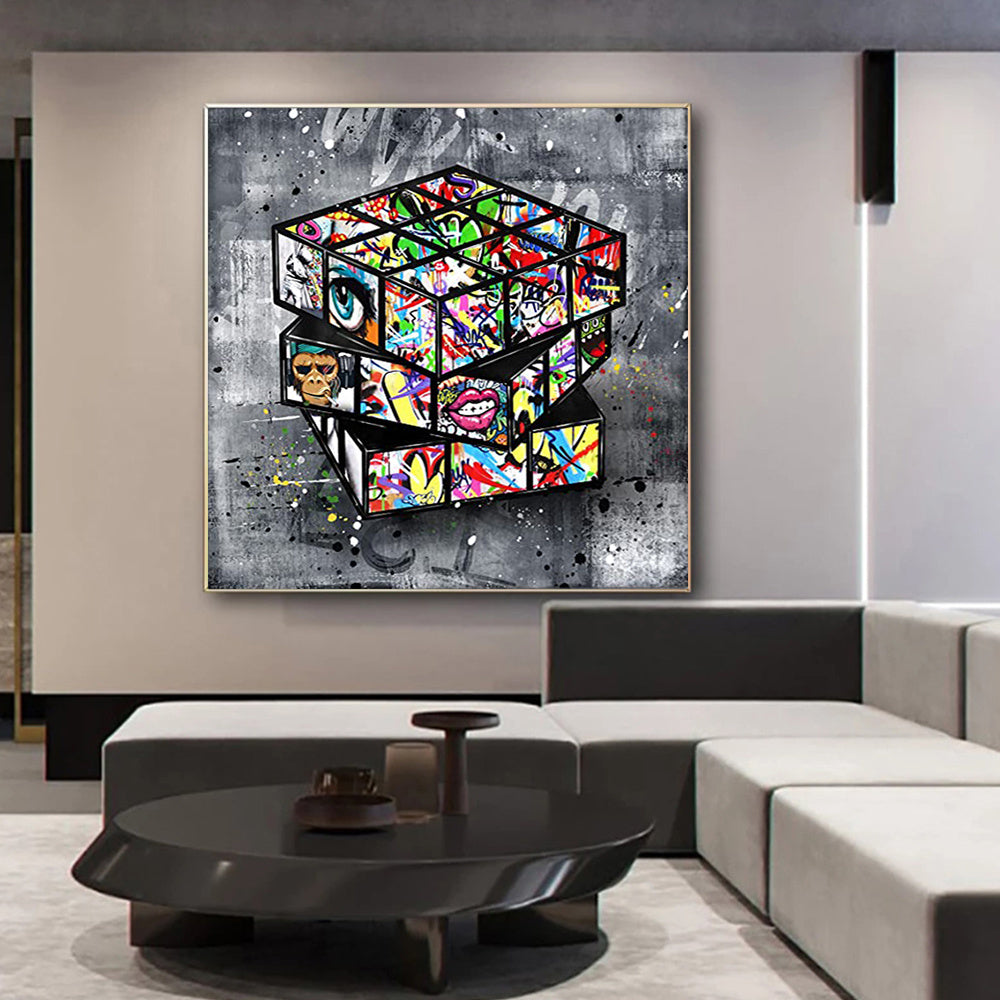 KTX-661843 Banksy-Inspired Graffiti Rubik's Cube Canvas Wall Art, Framed Decoration