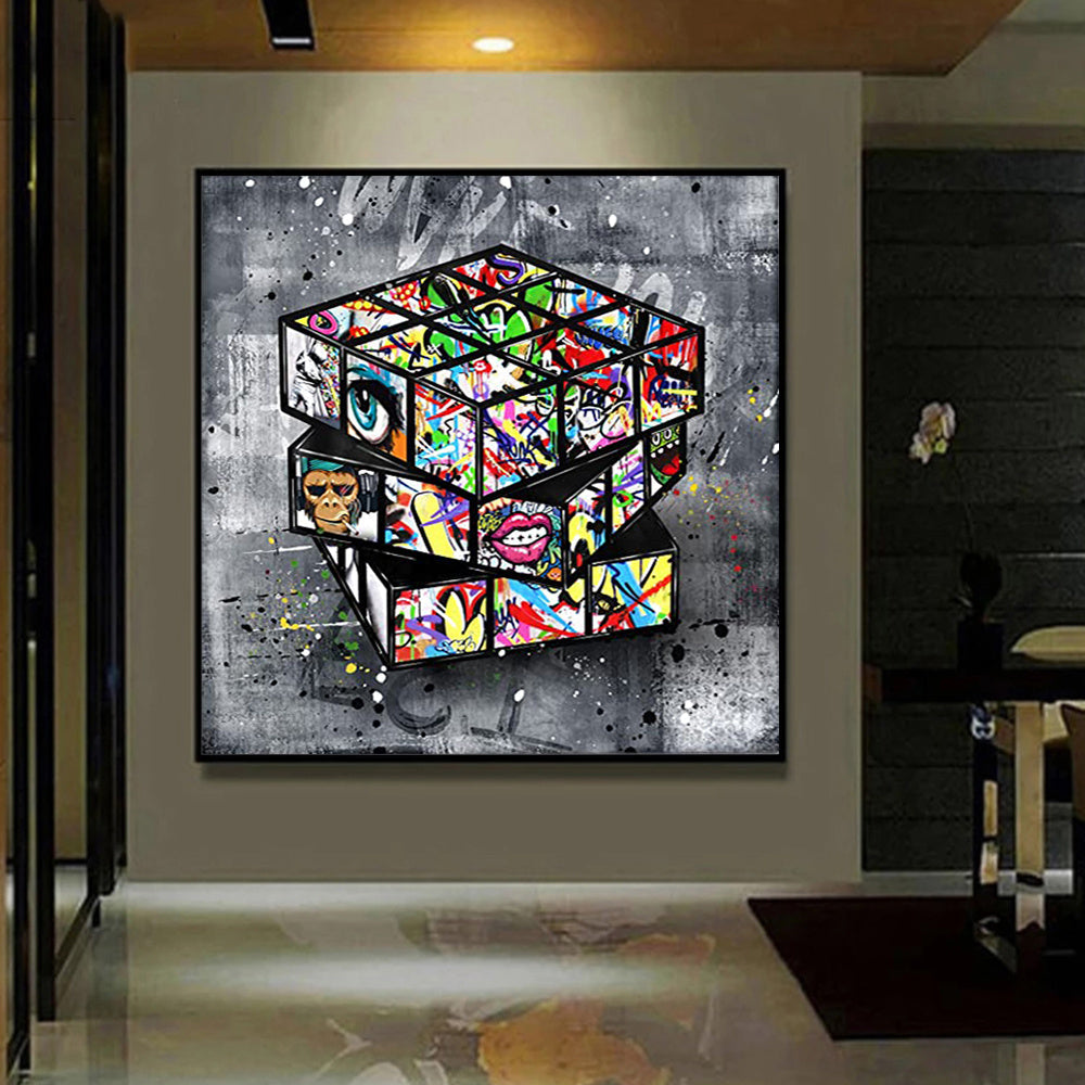KTX-661843 Banksy-Inspired Graffiti Rubik's Cube Canvas Wall Art, Framed Decoration