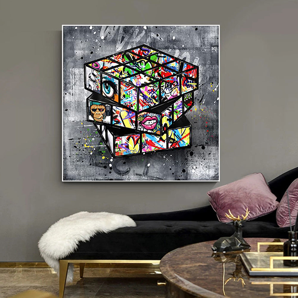 KTX-661843 Banksy-Inspired Graffiti Rubik's Cube Canvas Wall Art, Framed Decoration