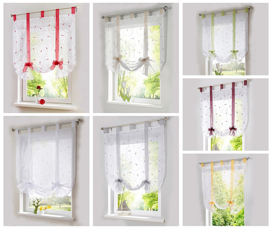 KTX-666067 Embroidered Adjustable Curtain Rod Roman Window Screen in Multiple Colors and Sizes