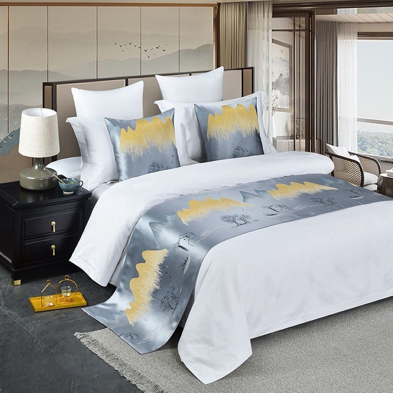 KTX-666515 Modern Polyester Hotel Bed Runner in Dark Blue, Gray, Ginger Yellow, and Brown - Multiple Sizes Available