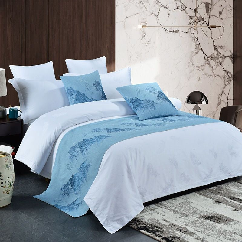 KTX-666515 Modern Polyester Hotel Bed Runner in Dark Blue, Gray, Ginger Yellow, and Brown - Multiple Sizes Available