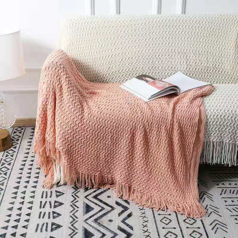 KTX-668819 Cozy Knitted Acrylic Blanket with Tassels for All Seasons - Available in Multiple Colors