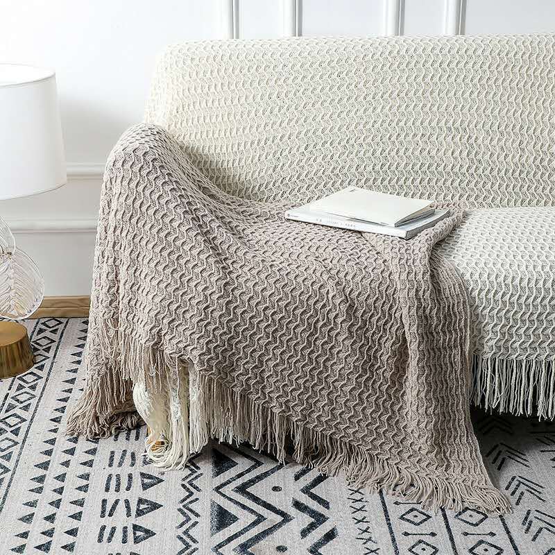 KTX-668819 Cozy Knitted Acrylic Blanket with Tassels for All Seasons - Available in Multiple Colors