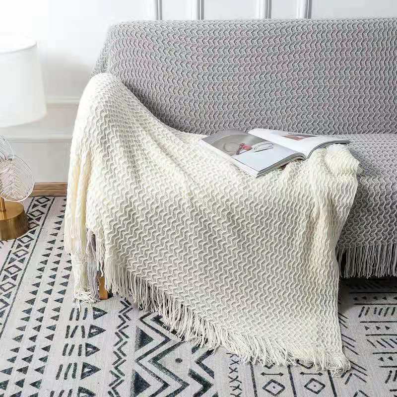 KTX-668819 Cozy Knitted Acrylic Blanket with Tassels for All Seasons - Available in Multiple Colors