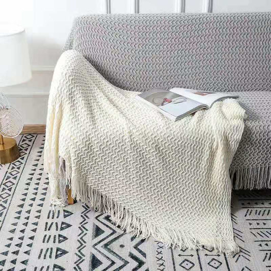 KTX-668819 Cozy Knitted Acrylic Blanket with Tassels for All Seasons - Available in Multiple Colors