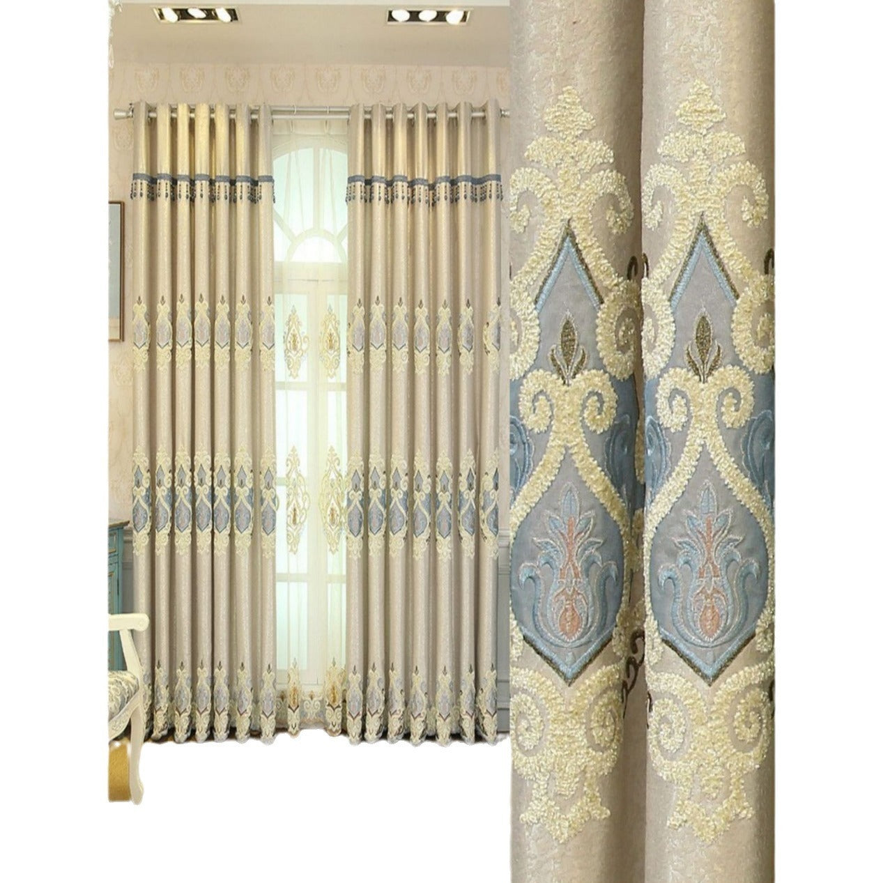 KTX-669523 Beige and Gray High Sunshade Cotton Mesh Curtains for Living Room and Bedroom