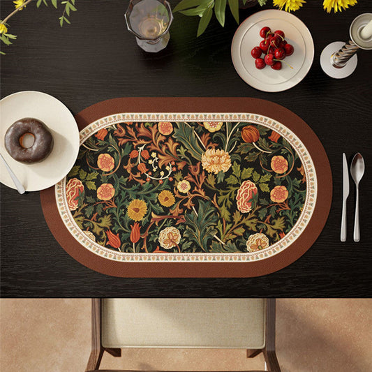 KTX-669715 Retro Flower Waterproof Oval Placemat in Orange and Green - Easy to Clean Dining Table Cushion (30 x 45 cm)