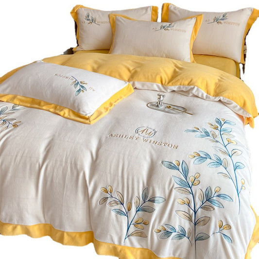 KTX-670291 Milk Velvet Embroidery Four-Piece Bedding Set - Blue, White, Pink, Floral Design for 1.5m Bed