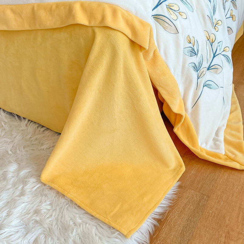 KTX-670291 Milk Velvet Embroidery Four-Piece Bedding Set - Blue, White, Pink, Floral Design for 1.5m Bed