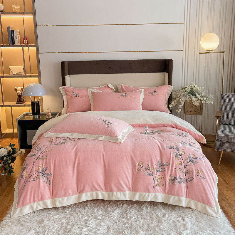 KTX-670291 Milk Velvet Embroidery Four-Piece Bedding Set - Blue, White, Pink, Floral Design for 1.5m Bed