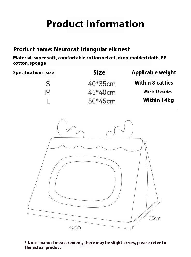 KTX-671251 Cozy Triangle Elk Nest for Cats and Dogs - Warm Winter Sleeping Bed