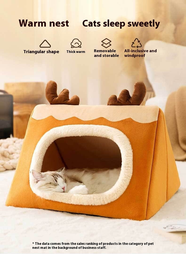 KTX-671251 Cozy Triangle Elk Nest for Cats and Dogs - Warm Winter Sleeping Bed