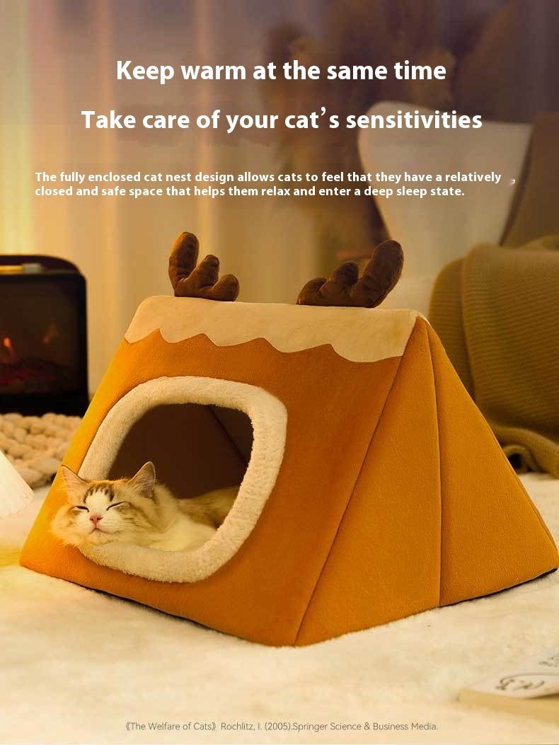 KTX-671251 Cozy Triangle Elk Nest for Cats and Dogs - Warm Winter Sleeping Bed