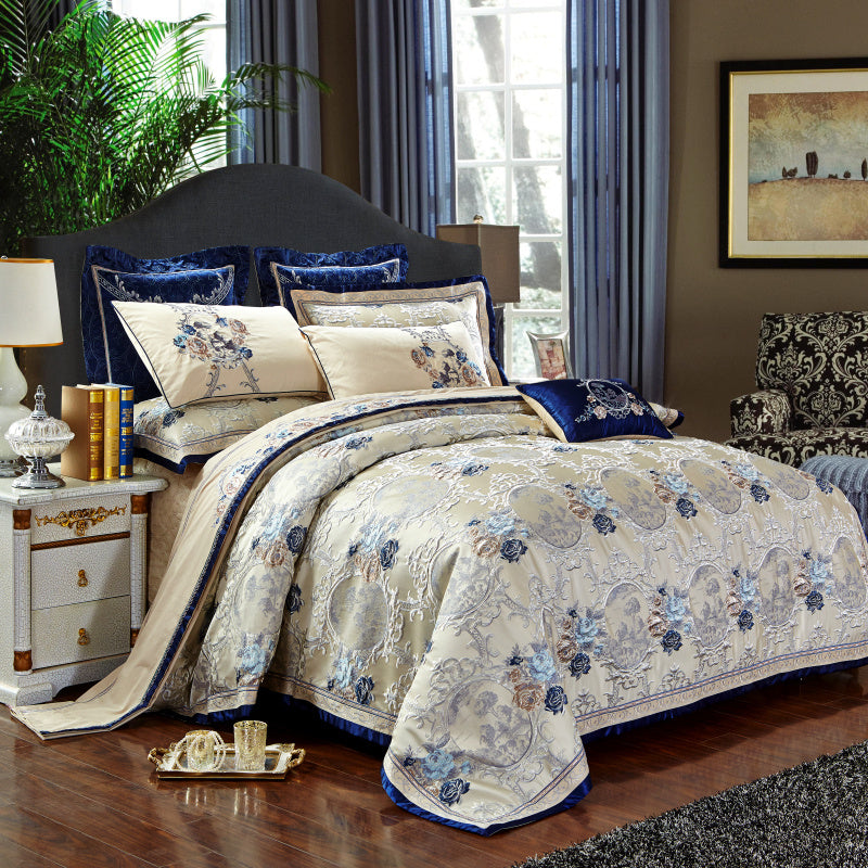 KTX-671443 High-Density Satin Cotton Jet Bedding Set with Embroidery - European and American Style
