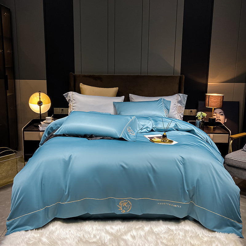 KTX-671955 Home Washed Silk 4-Piece Bedding Set in Solid Colors - Includes Quilt Cover, Bed Sheets, and Pillowcases