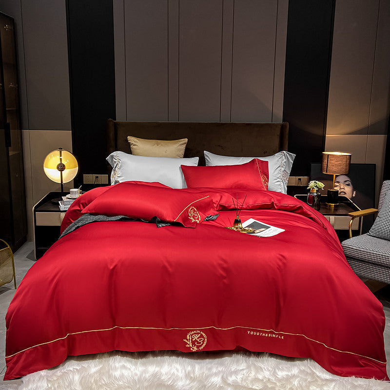 KTX-671955 Home Washed Silk 4-Piece Bedding Set in Solid Colors - Includes Quilt Cover, Bed Sheets, and Pillowcases