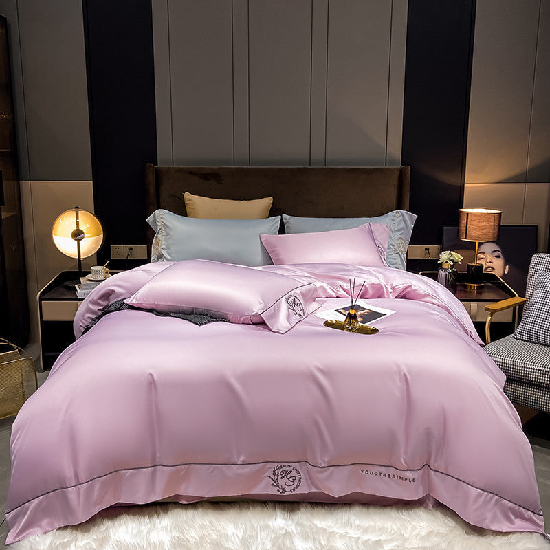 KTX-671955 Home Washed Silk 4-Piece Bedding Set in Solid Colors - Includes Quilt Cover, Bed Sheets, and Pillowcases